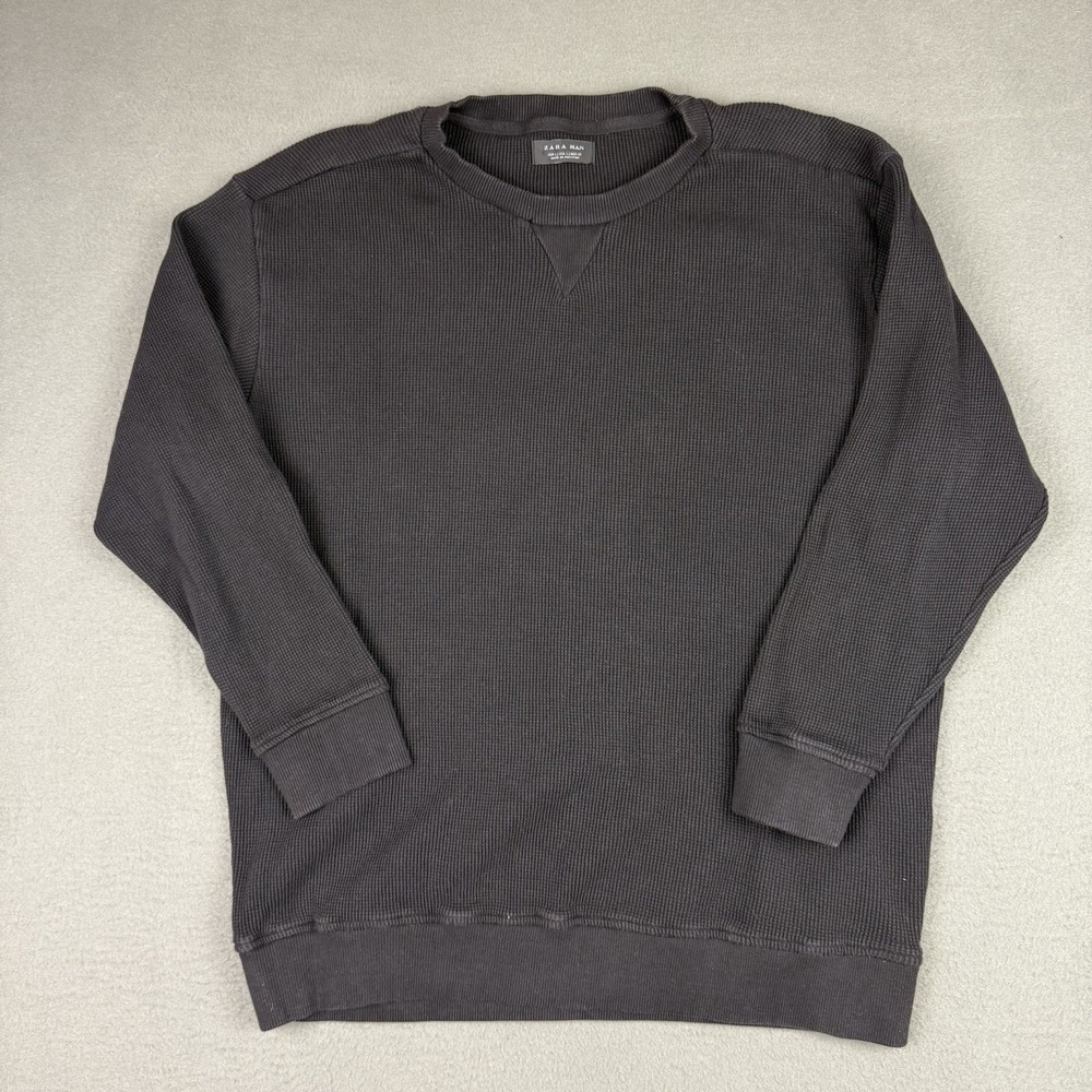 Zara Man Shirt‎ Large Black Waffle Knit Crew Neck Long Sleeve READ Shorter Arms
